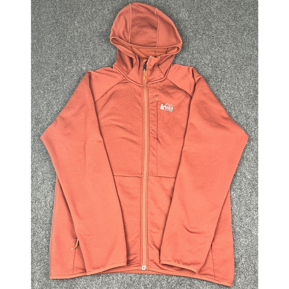 REI Co-op Mens Large Full Zip Fleece Hoodie Rust Orange Thumbhole Pockets Jacket